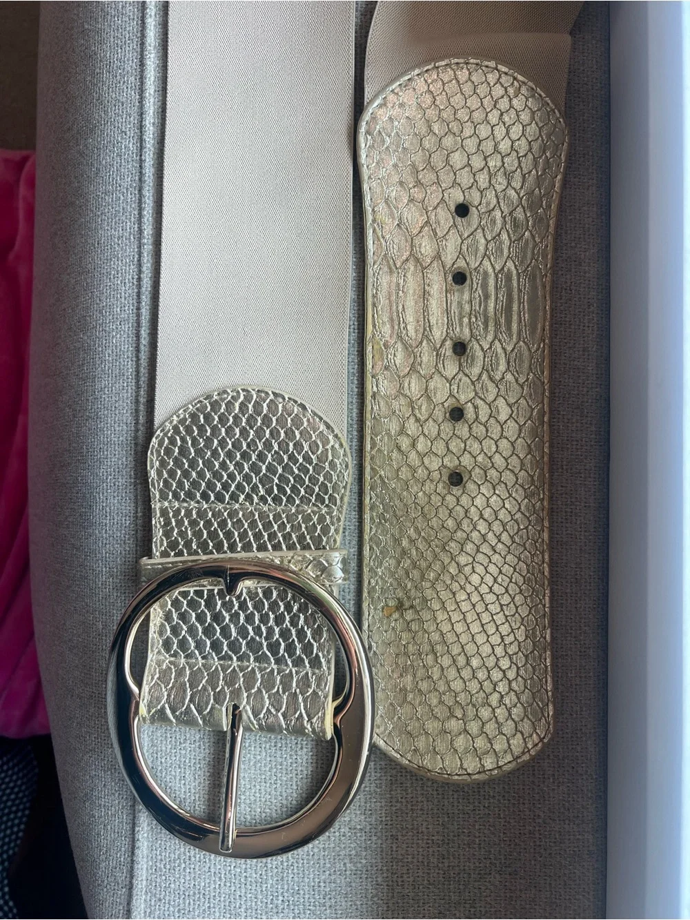 bebe White Waist Belt with Gold Snakeskin Accent Buckle
